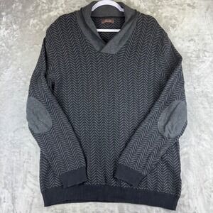 Tasso Elba Cotton Sweater Mens XL Gray Herringbone Collar Elbow Patches (1403)